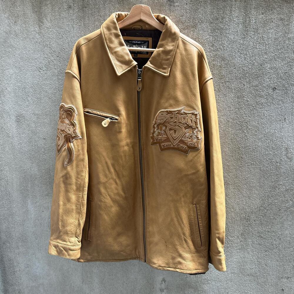Schott Jacket Y2k Full Zip Leather Embroidered Long Sleeve Tan Size 4XL